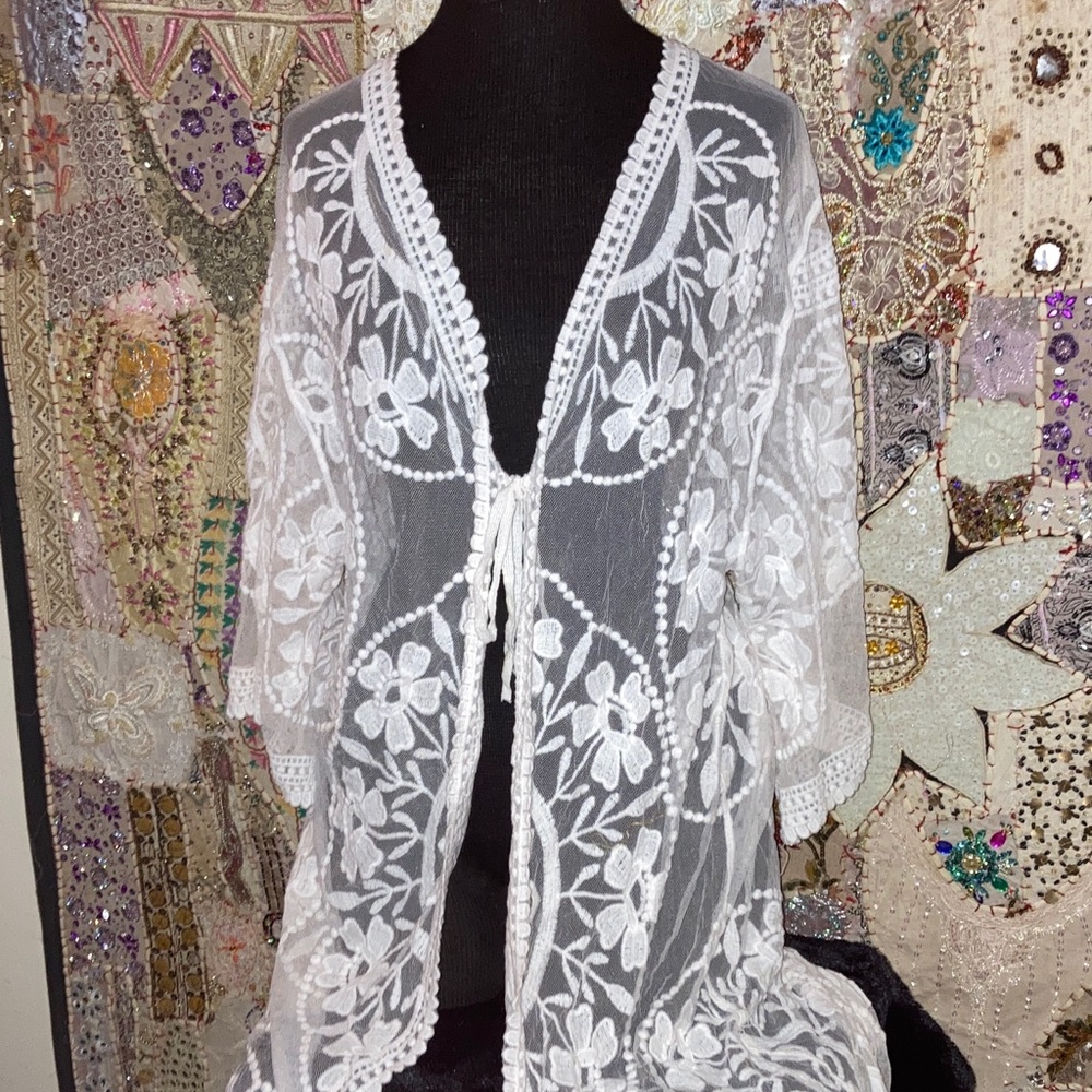 Sheer White Floral Lace Kimono Robe with Tie Front